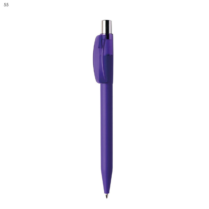 A purple plastic pen with a sleek design and a silver clip, featuring a simple branding element.
