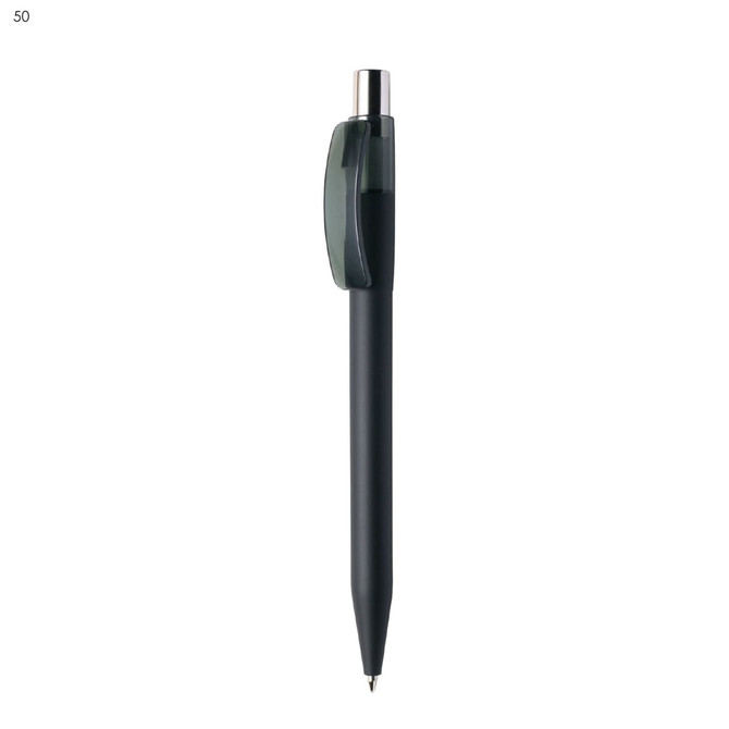 A plastic pen in dark grey with a transparent clip and silver accents. It features a logo on the barrel.