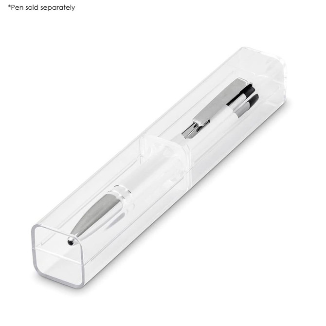 A clear rectangular pen packaging with a silver and black pen inside. The package features a logo on the side.