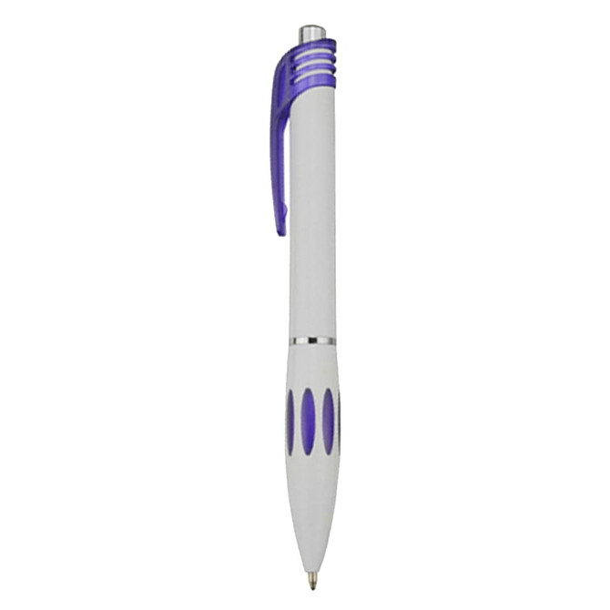 A plastic pen in white with purple accents and a logo. It features a click mechanism and grip sections.