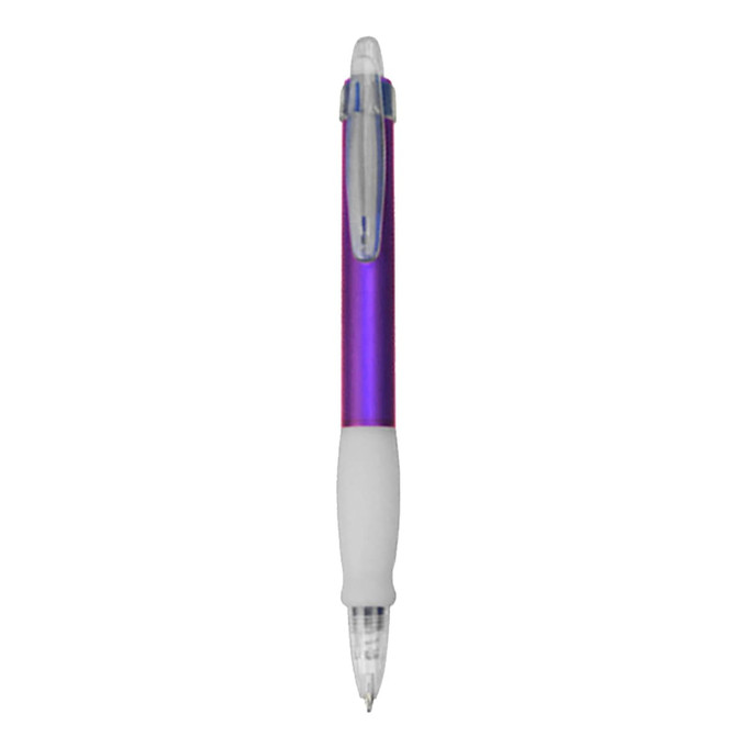 A plastic pen featuring a purple and clear design with a white grip and a clip for convenience.
