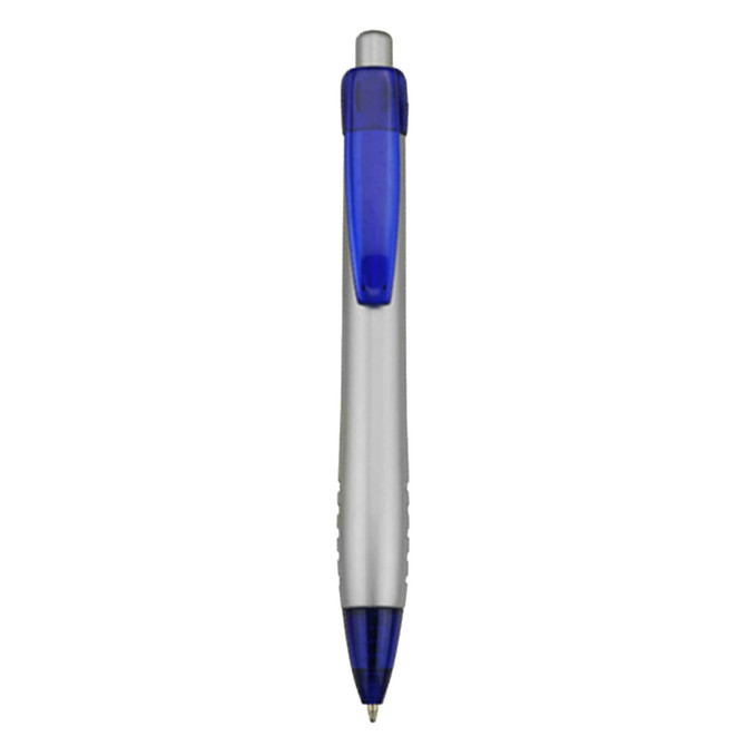 A plastic pen with a silver barrel and a blue grip and click top, featuring a branding logo.