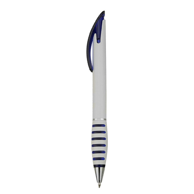 A plastic pen featuring a white barrel with blue accents and a grip, along with a branded logo.
