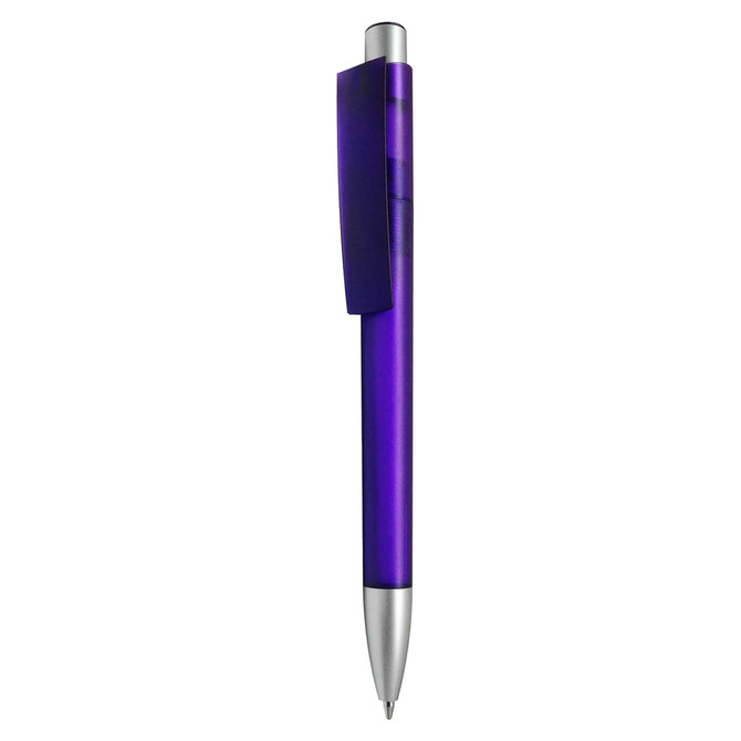 A purple plastic pen with a silver tip and a clip, featuring a logo on its body.