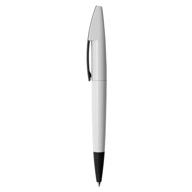 A plastic pen in white and black, featuring a sleek design and a clip. It has a logo on the barrel.