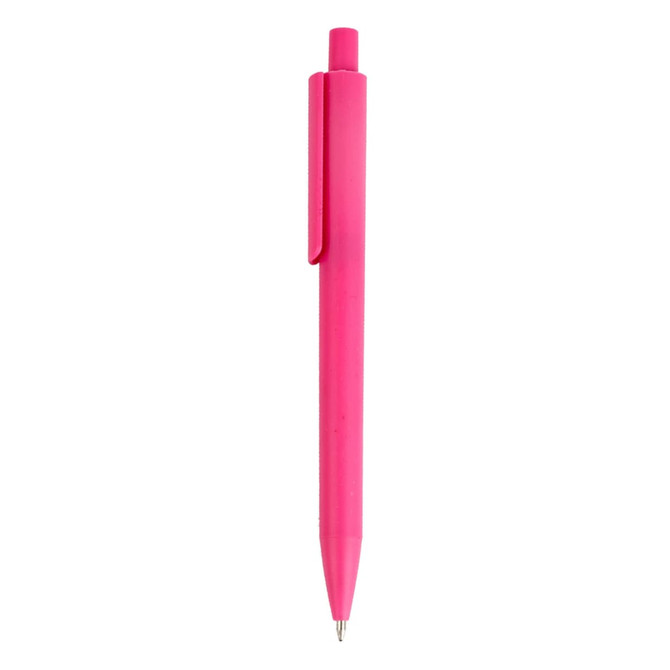 A pink plastic pen with a clip and a standard ballpoint tip. It has a branded logo.
