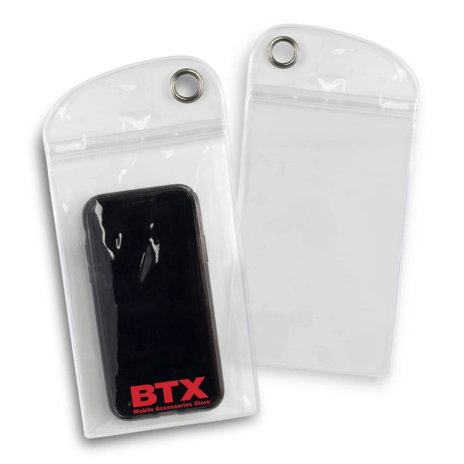 A clear waterproof pouch designed to hold a smartphone, featuring a top zip closure and a branding logo.