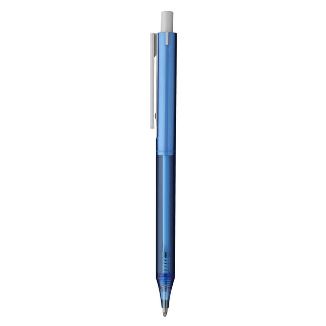 A blue plastic pen featuring a clip and a transparent body, with a branding logo present.