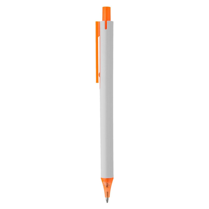 A plastic pen in white with orange accents and a clip. Features a simple, sleek design.