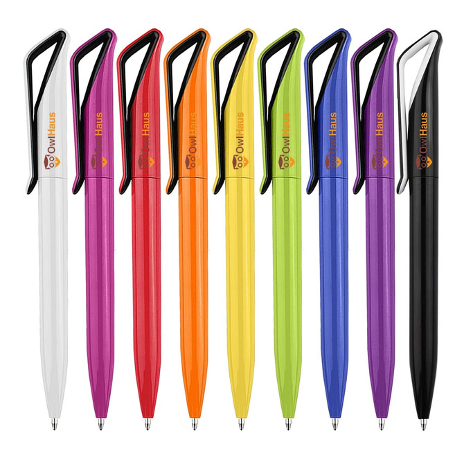 A collection of plastic pens in white, purple, orange, red, yellow, green, and black, featuring a logo on each.
