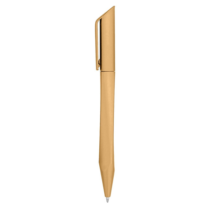 A gold plastic pen with a sleek design and a clip for easy attachment.