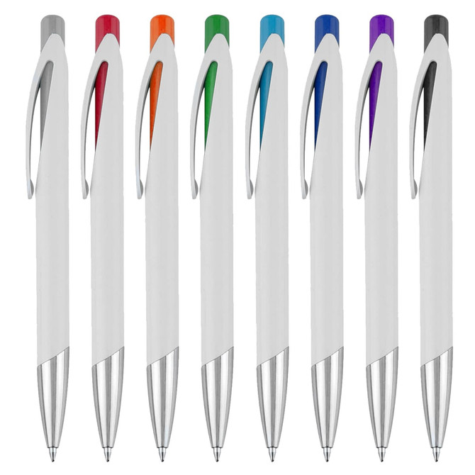 A collection of eight plastic pens with white bodies and coloured accents: orange, green, blue, purple, and black. Each has a silver tip.