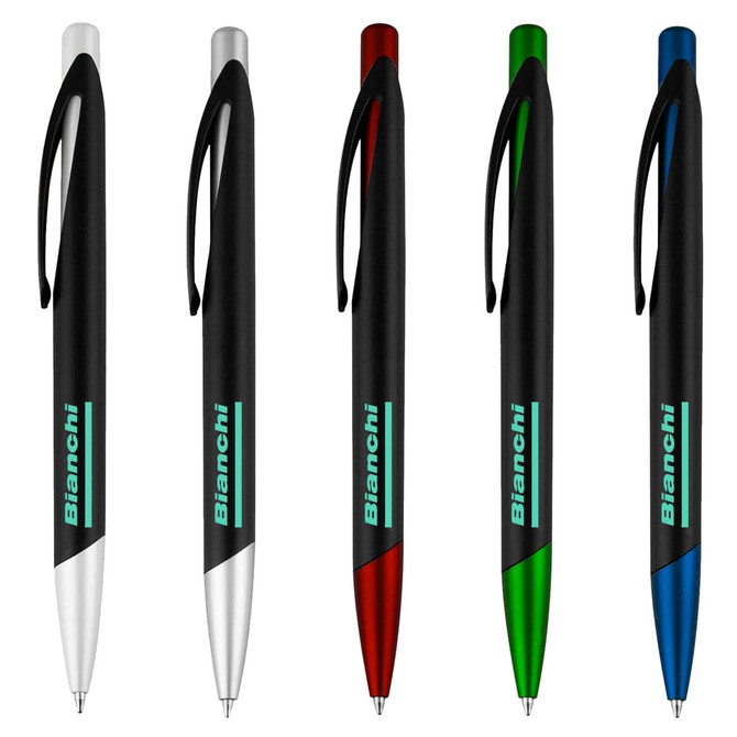 A set of five plastic pens in white, red, green, and blue, featuring black grips and a logo.