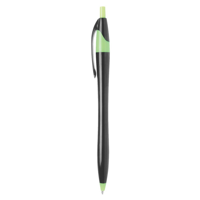 A black plastic pen with a green clip and tip, featuring a branding logo.