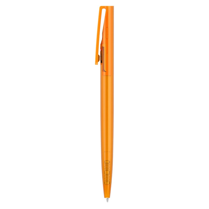 An orange plastic pen with a clip and a logo on the barrel.