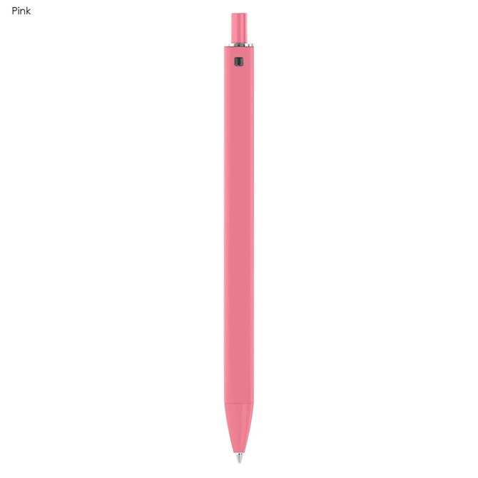 A pink plastic pen with a sleek design, featuring a clip and a visible logo.