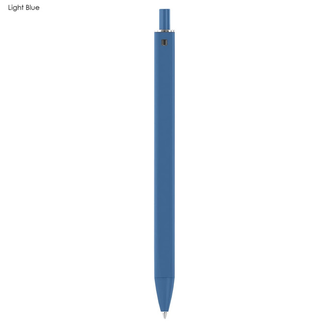 A light blue plastic pen with a minimalistic design and a branding logo on the barrel.
