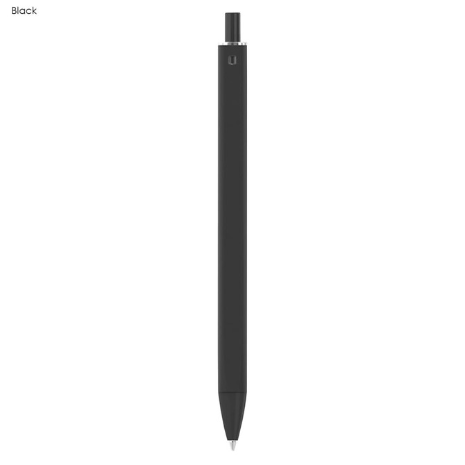 A black plastic pen with a smooth finish and a logo on the barrel.