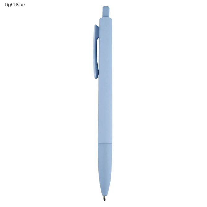 A light blue plastic pen with a smooth finish and a clip. It features a logo on its body.