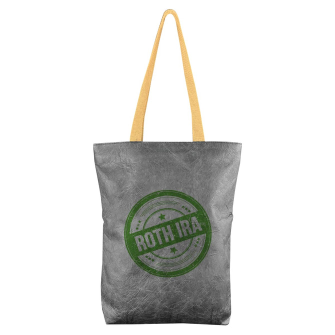A grey Tyvek paper tote bag with a yellow handle and a circular logo.