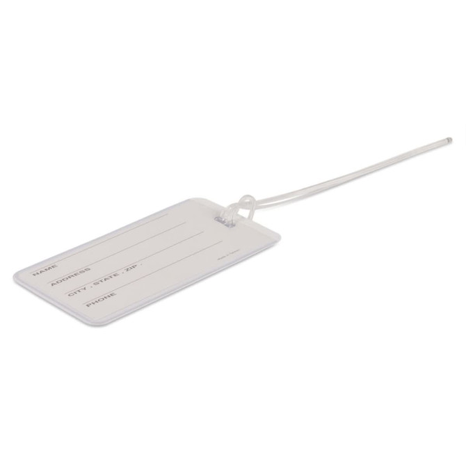 A clear luggage tag with spaces for name, address, city, state, and phone number. It includes a loop for attachment.
