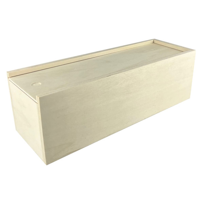 A large, plain wooden box with a smooth finish, featuring a sliding lid and a natural wood colour.