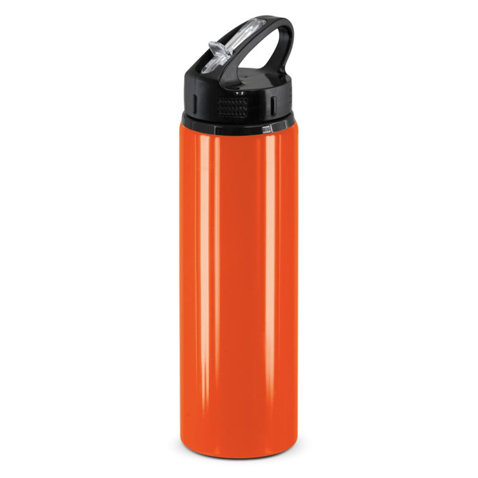 A drink bottle in vibrant orange with a black flip cap and a handle for easy transport. It features a logo.