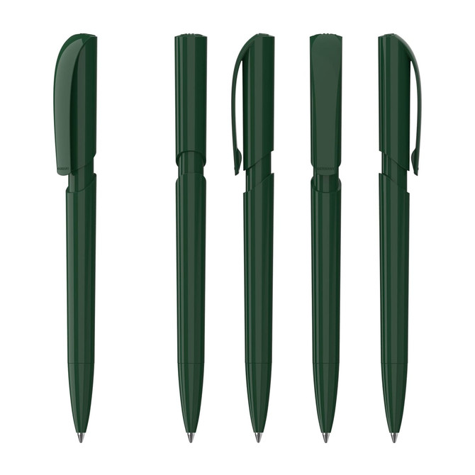 A set of five dark green plastic pens with varying designs and a logo on each.