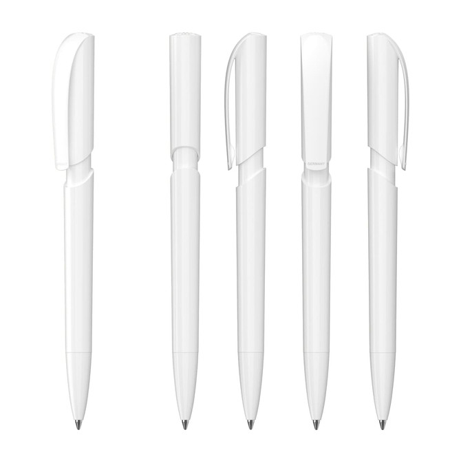 A selection of white plastic pens with various designs and caps, featuring a logo on each pen.