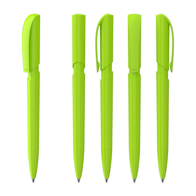 Five bright green plastic pens displayed in various positions, featuring a cap and clip design.
