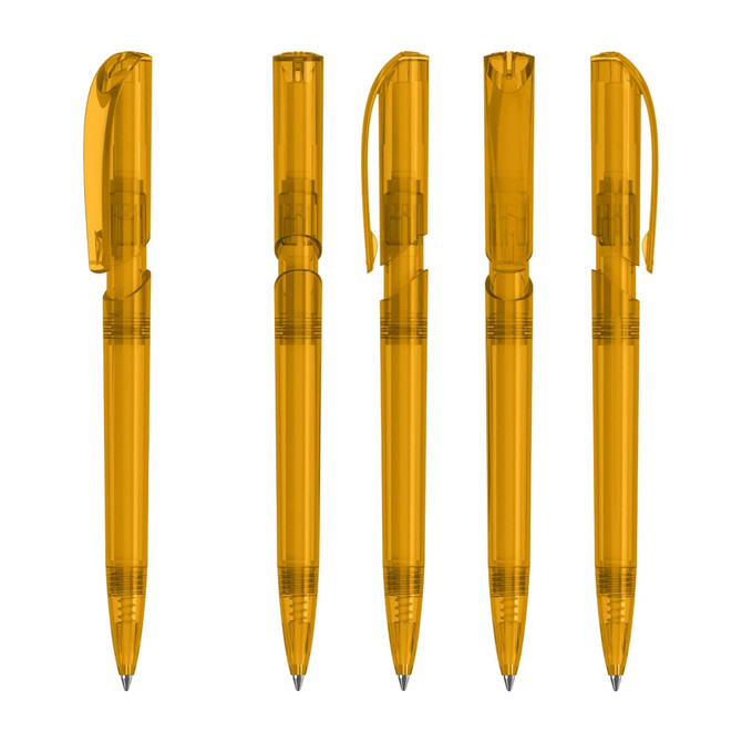 A set of transparent yellow plastic pens with clip caps in various positions. The pens feature a simple design and a branding logo.