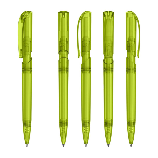 A collection of five transparent green plastic pens with different click mechanisms and caps.