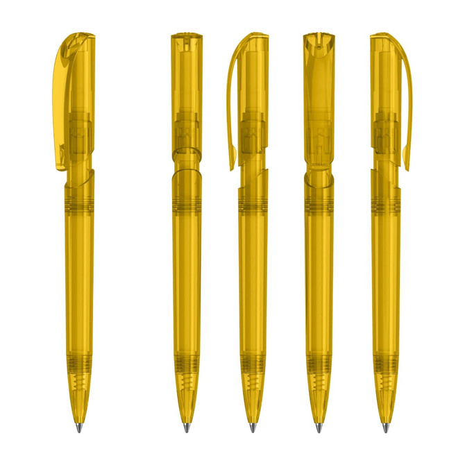 A set of transparent yellow plastic pens with click mechanisms, featuring a clip and a sleek design.