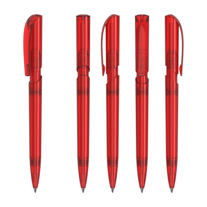 Five transparent red plastic pens, showcasing different angles and components, each with a clip and retractable design.