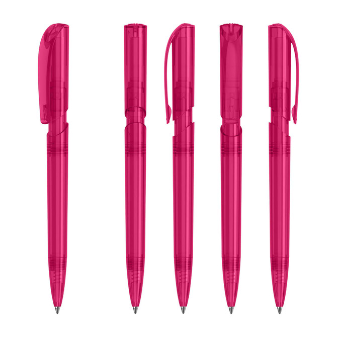 A set of five transparent pink plastic pens with various cap designs and features. Each pen has a branding logo.