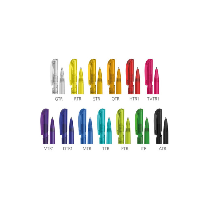 A collection of transparent plastic pens in various colours, including purple, yellow, orange, and clear, featuring different designs.