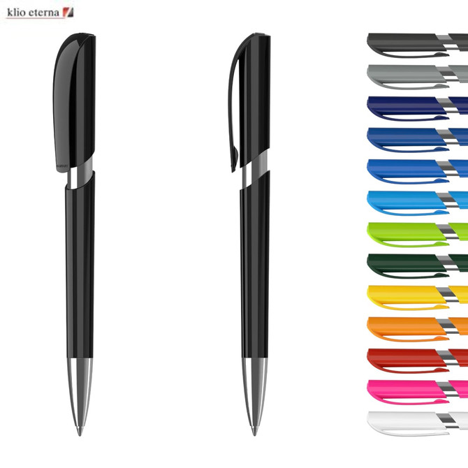 A black plastic pen with a silver clip, alongside a selection of pens in various colours. Features a logo.