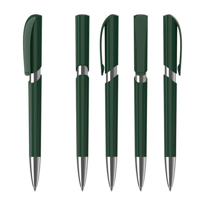 A set of five plastic pens in dark green with silver accents and caps. Each pen features a different design.