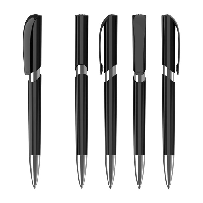 A set of five black plastic pens with chrome accents and clips, arranged in various positions.
