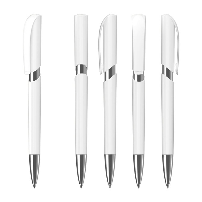 A set of white plastic pens with chrome accents, featuring various styles and designs. Each pen has a cap.