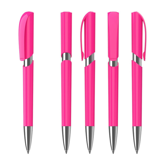 A set of five shiny pink plastic pens with silver accents, featuring different cap styles and designs.