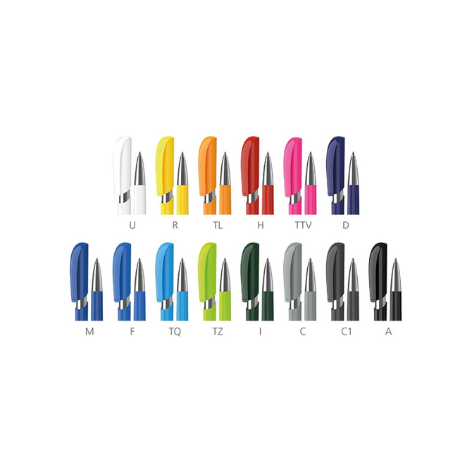 A collection of plastic pens in various colours, including white, yellow, orange, blue, green, black, and navy. Each pen features a shiny finish and a clip.