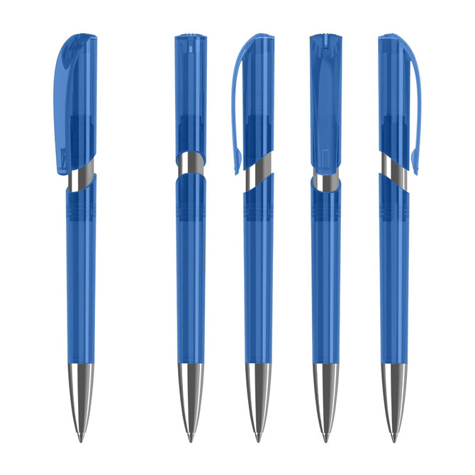 A collection of five blue plastic pens with silver accents and transparent barrels. Each pen features a clip and cap.