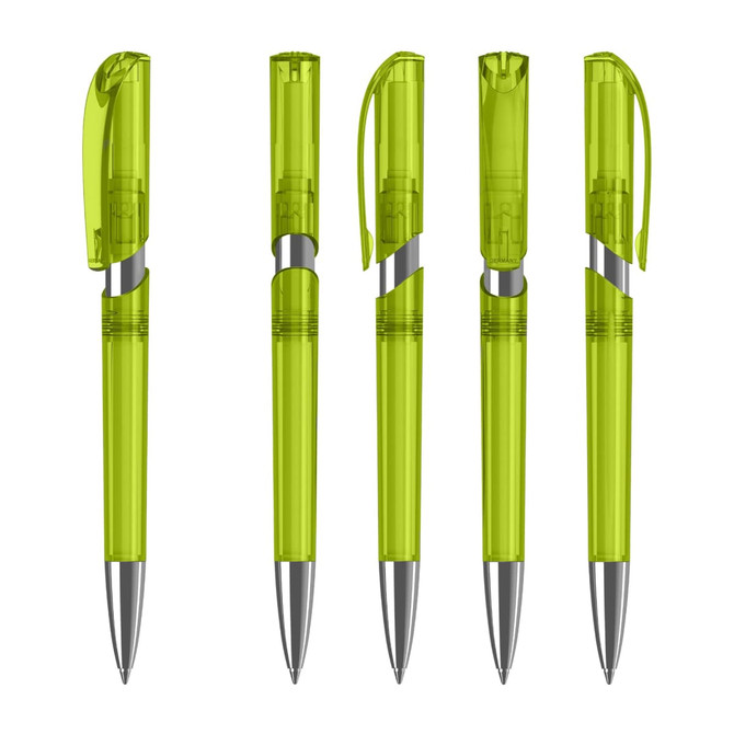 A set of transparent green plastic pens with silver accents and retractable tips, featuring a logo on the side.