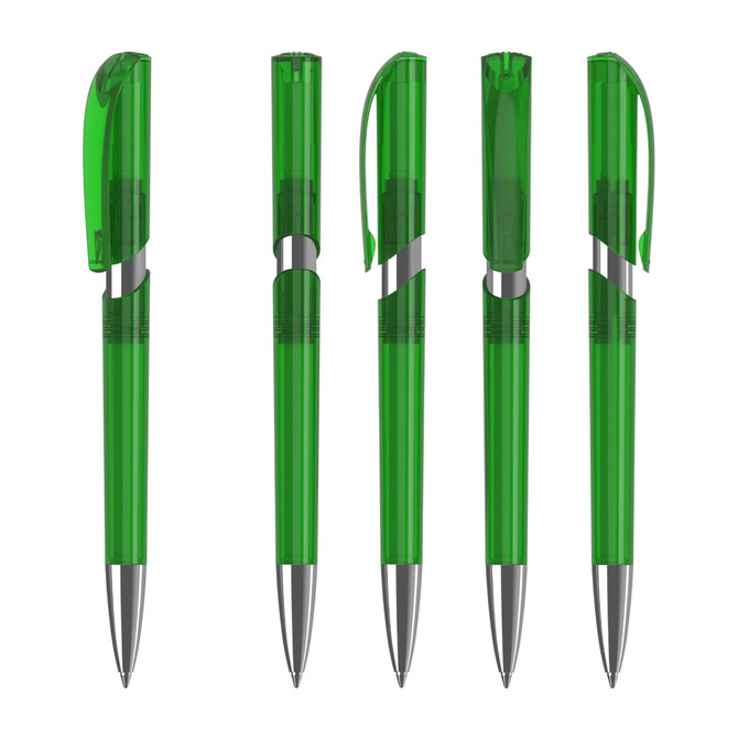 A set of five transparent green plastic pens with silver accents and clip tops. Each pen has a different position.