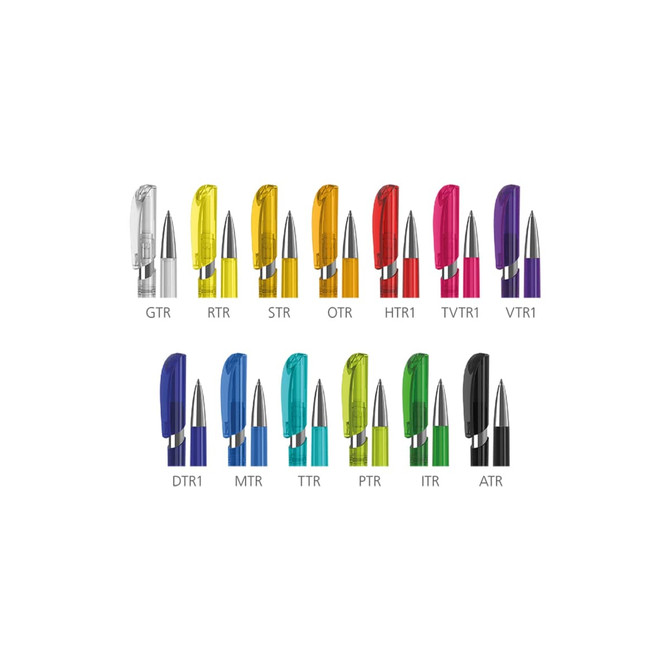 A collection of plastic pens in various colours, including purple, orange, green, blue, pink, and black, with metal tips.