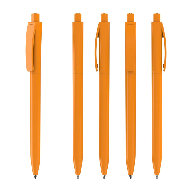 A plastic pen in high gloss orange, featuring a clip and smooth finish, displayed from multiple angles.
