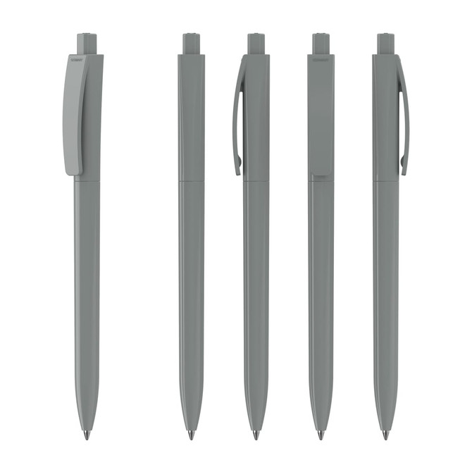 A collection of grey plastic pens featuring a sleek high-gloss finish and clip design. The image includes multiple angles.