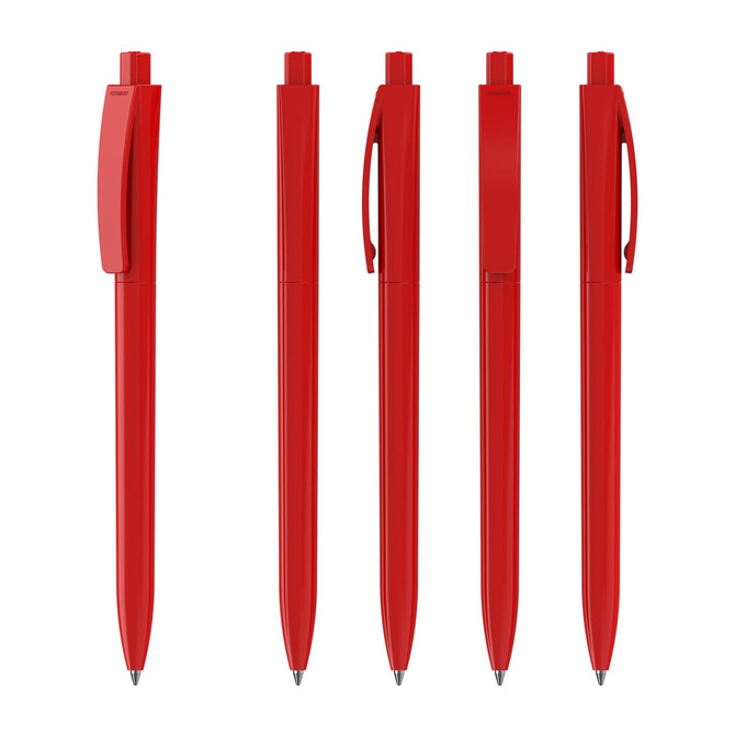 A set of red plastic pens displayed from various angles, featuring a sleek design and a clip.