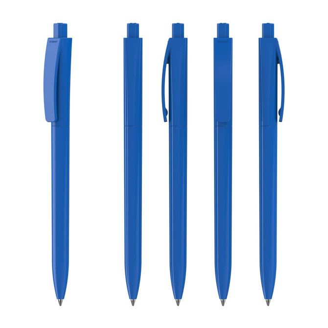 A set of five blue plastic pens displayed in various positions, featuring a simple design and a clip on each pen.
